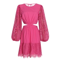 temperament and elegant a line skirt 2022 summer new fashion round neck lantern sleeves waistless lace lace dress