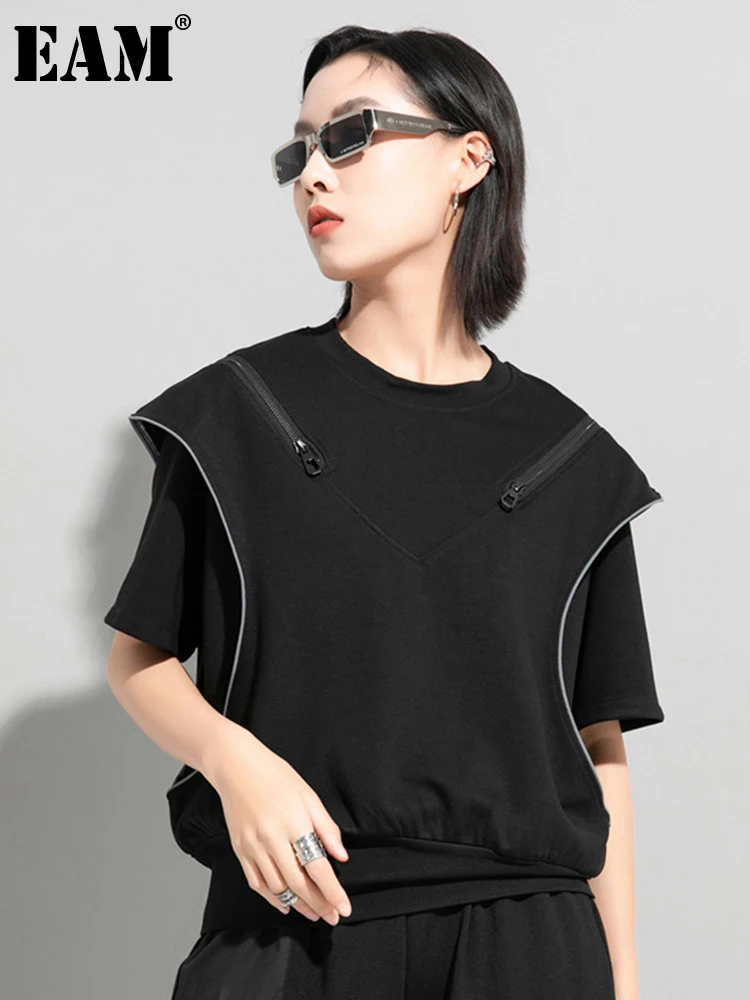 

[EAM] Women Black Zipper Off Shoulder Big Size T-shirt New Round Neck Half Sleeve Fashion Tide Spring Summer 2022 1DD57710