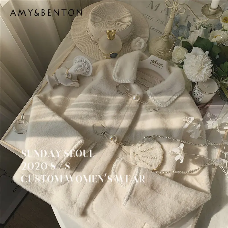 Elegant Pearl Buckle Mink Hair Fur Coat for Women New Fashion Polo Neck Single Breasted Jackets for Ladies Sweet Coats Female