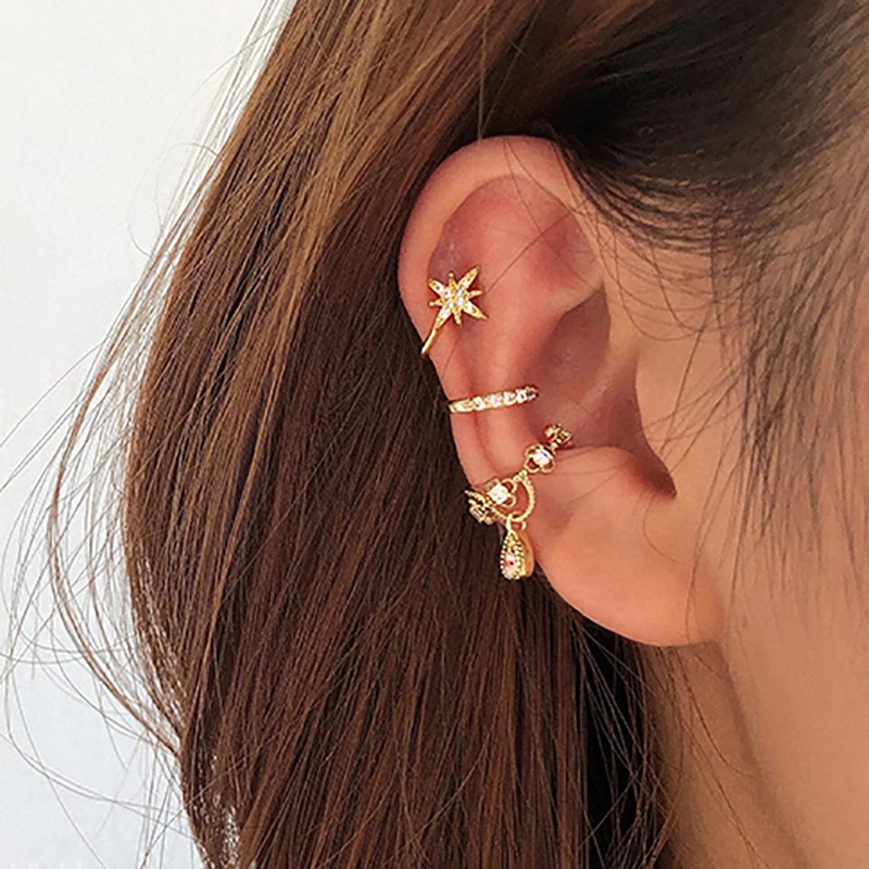 

Korean Fashion Clip on Earrings Women Minimalist Cubic Zirconia Fake Piercing Star Earrings Cartilage Ear Cuff Vintage Jewelry