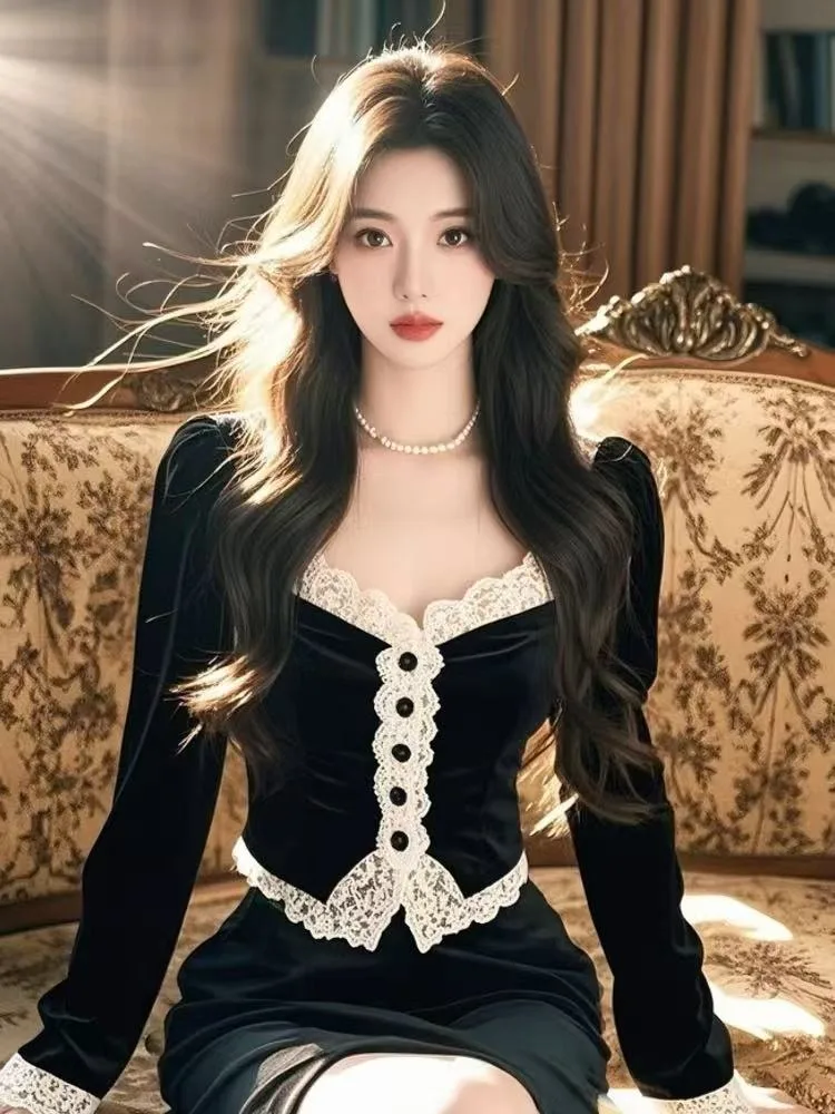 Кружевные рубашки с квадратным воротником женские осенне-зимние в стиле вестерн