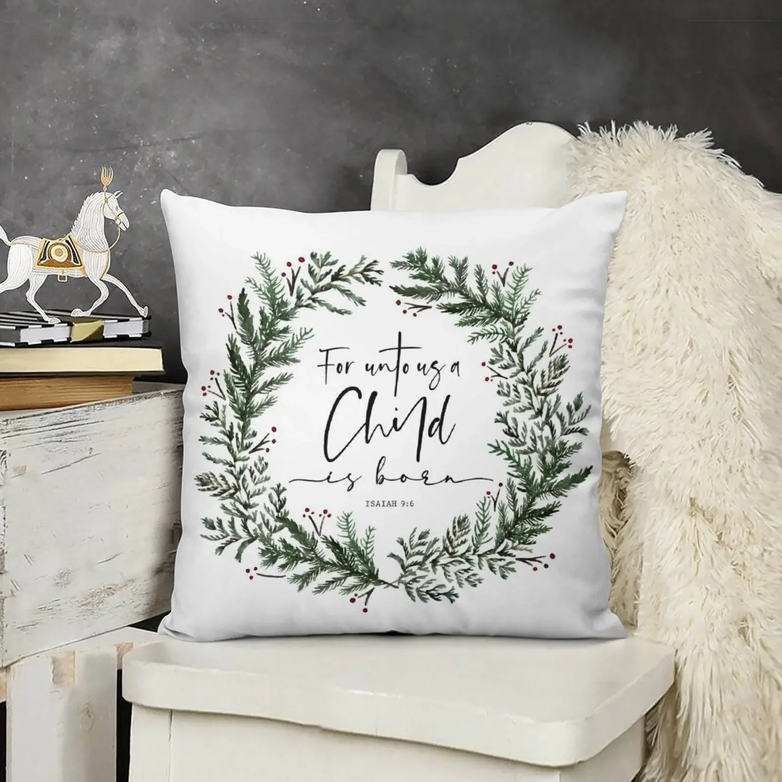 Unto Us a Child is Born сосновый венок Декоративная подушка Вышитый чехол для подушки