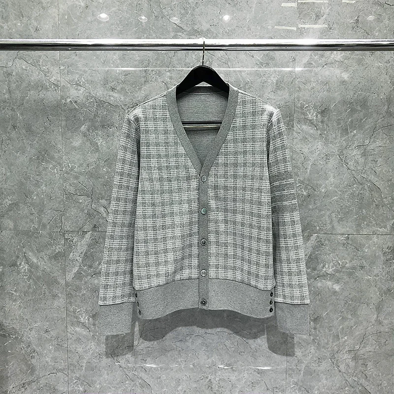 THOM Sweatshirts TB Classic Cotton 4-bar Stripes Plaid V-neck Cardigan Sweaters Korean Fashion Harajuku Streetwear Coats