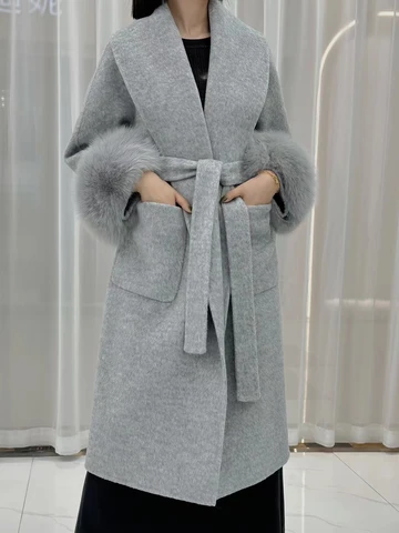 Новинка 2023, женские шерстяные пальто, двусторонняя шерстяная одежда из альпаки, длинные с меховыми манжетами из лисьего меха, модная куртка, женская элегантная верхняя одежда