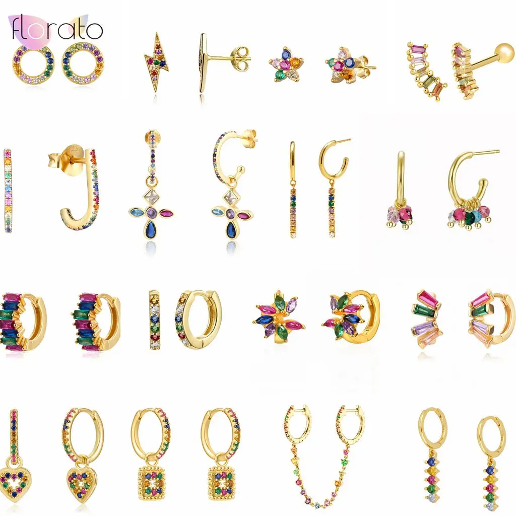 

925 Sterling Silver Needle Rainbow Series Hoop Earrings for Women 2022 Trendy Crystal Pendientes Wedding Gifts Jewelry Earrings