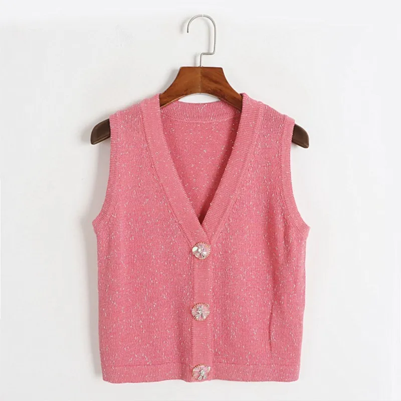 Женский однобортный Трикотажный жилет розовая майка без рукавов с тремя