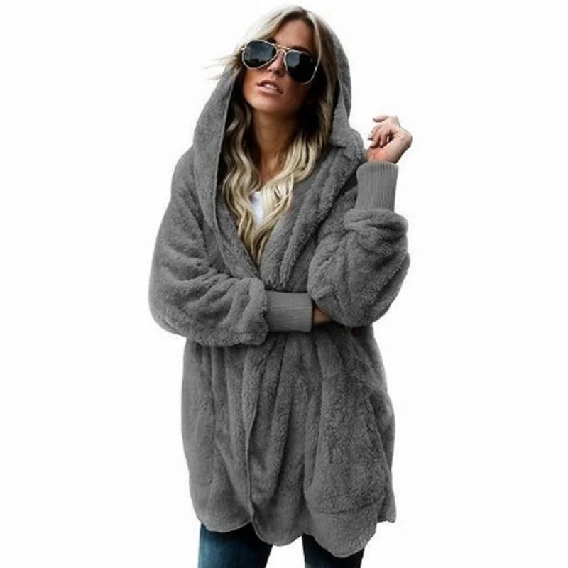 

Ladies Fashion Autumn and Winter Plush Warm Coat Sweater Hoodie Women's Medium Long Fur Coat Streetwear Casual Coat Top