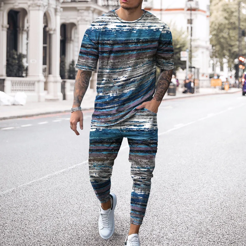Urban man 3D printed Short Sleeve T Shirt Long Pants 2 Piece Sets Casual Retro Oversized Clothing 2023 New Summer Men Tracksuit