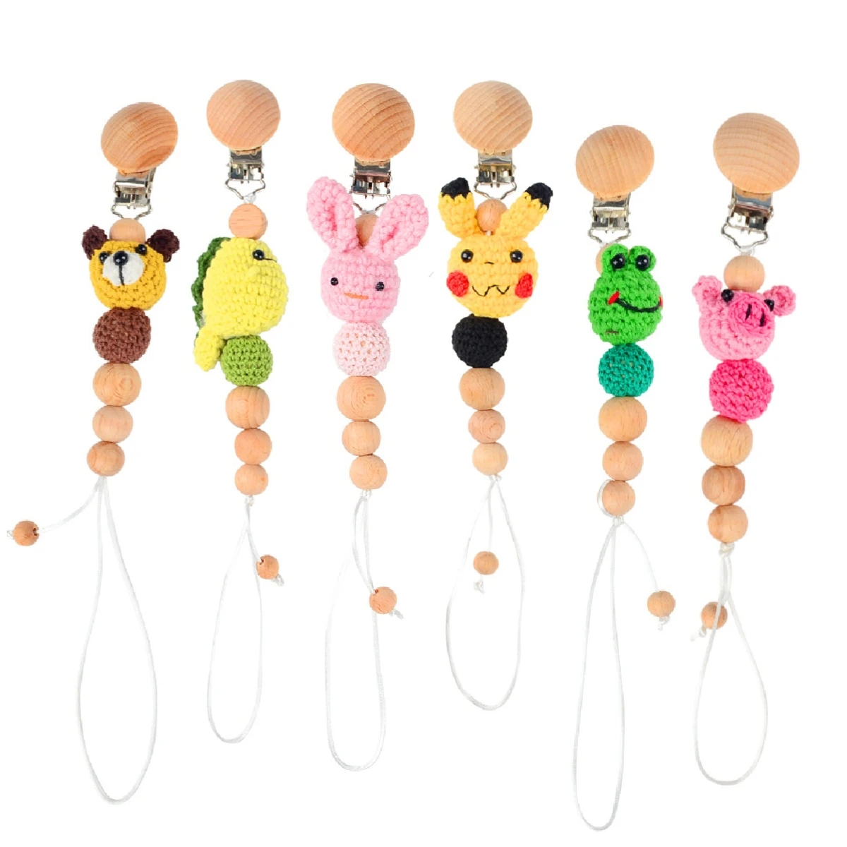 

Crochet Animal Cute Baby Pacifier Clips Infant Teether Teething Toy Anti-lost Dummy Clip Chain Beech Wood Beads Pacifier Holder