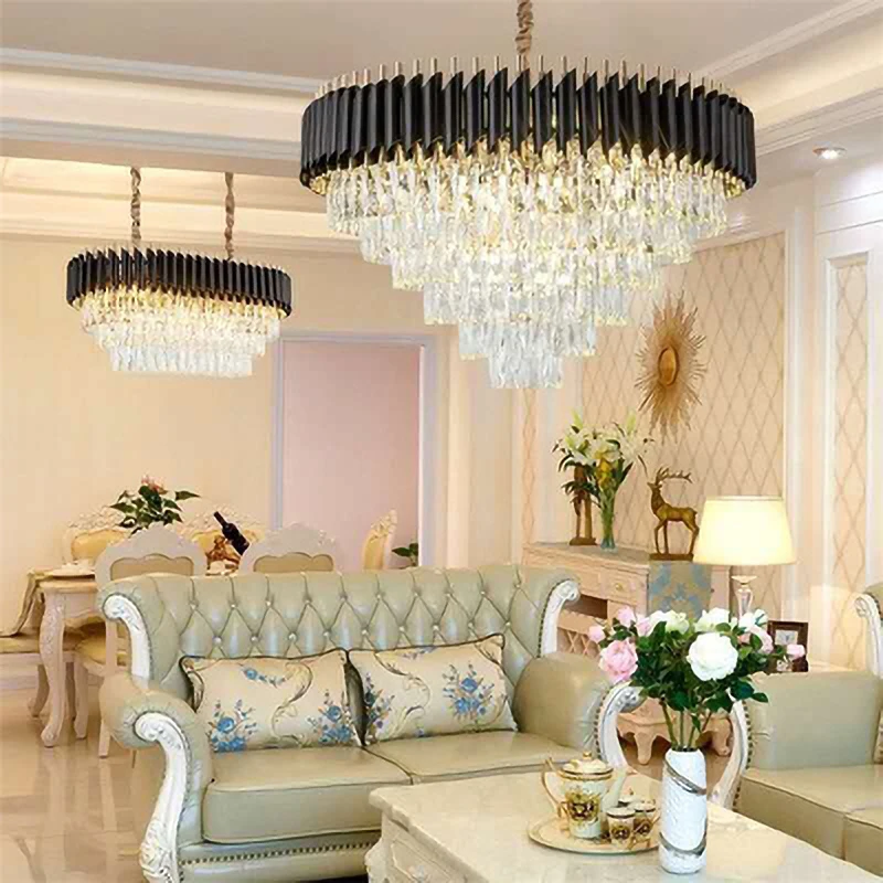 K9 Crystal Chandelier Modern Luxury Ring Pendant Light for Living Room Round Black Suspension Restaurant Decor Led Ceiling Lamp