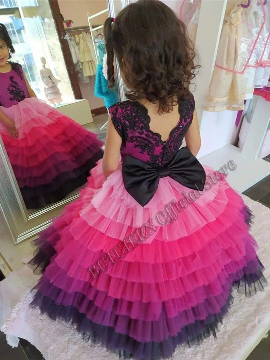 

Colorful Tiered Flower Girl Dresses Tulle Ball Gown Baby Girls Birthday Wedding Party Dresses Costumes With Bow Customised