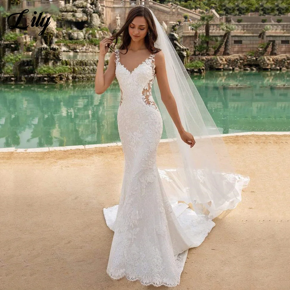 

Sexy Illusion Waistline Lace Wedding Dress Mermaid Backless Bridal Robes Appliques Court Train Bride Dresses Vestido De Noiva