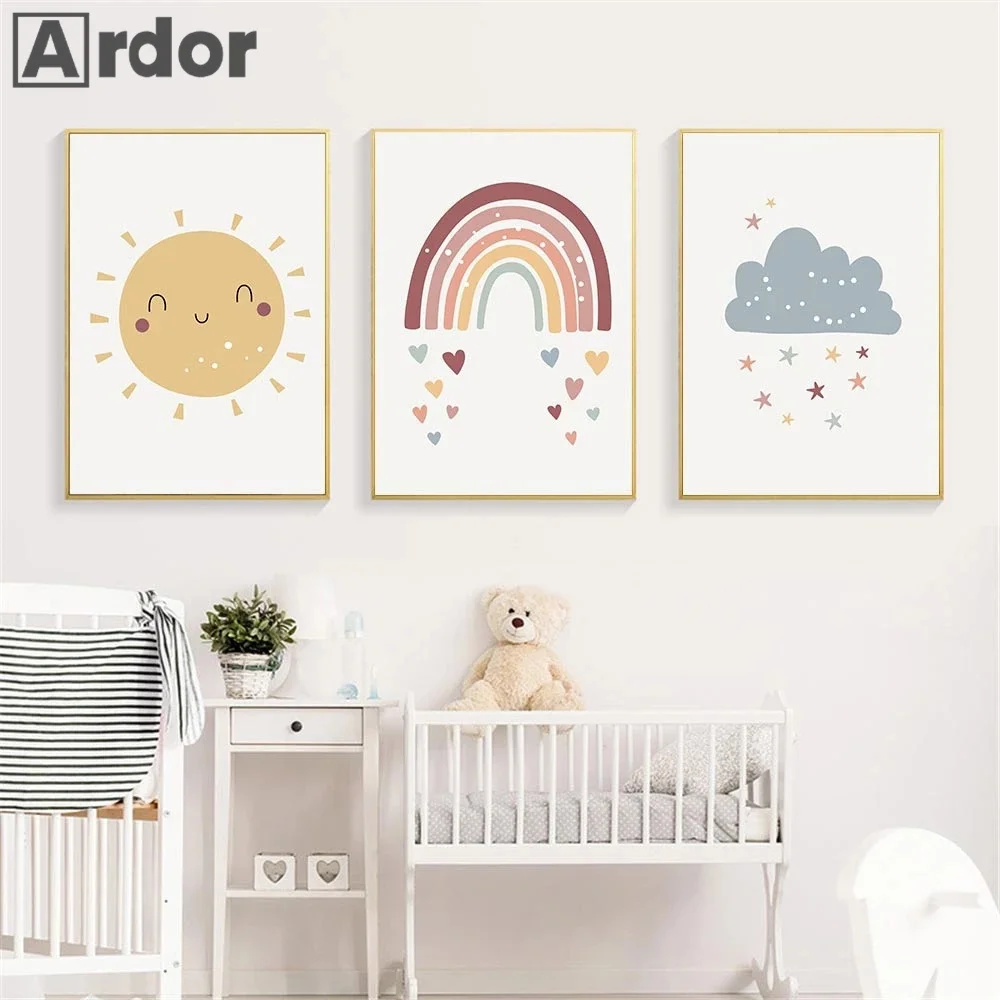 

Nordic Baby Sun Rainbow Cloud Wall Art Poster Heart Star Canvas Painting Nursery Art Prints Modern Pictures Kids Baby Room Decor