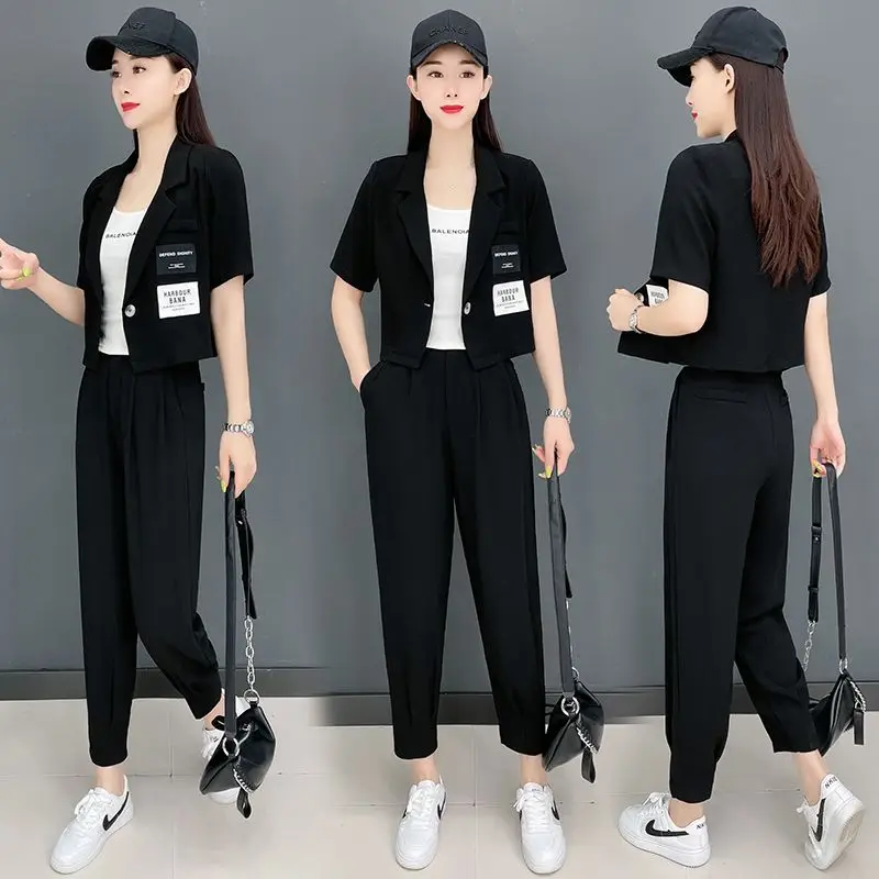 Korean Style Slim Fitting Short Sleeved Jacket Casual Cropped Pants Two-piece Elegant Women's Pants Set Office Outfits Clothes