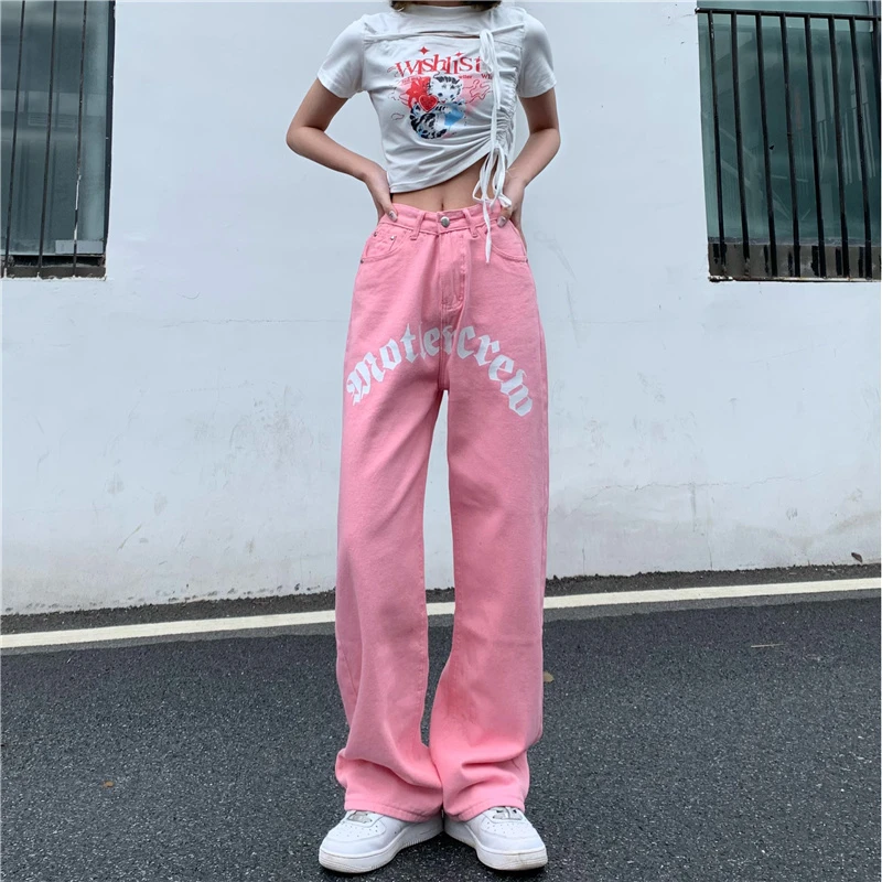 

Pink Womenn Jeans Vintage High Waist Streetwear Hip Hop Korean Fashion Summer Straight Jean Pants Baggy Wide Leg Denim Trousers