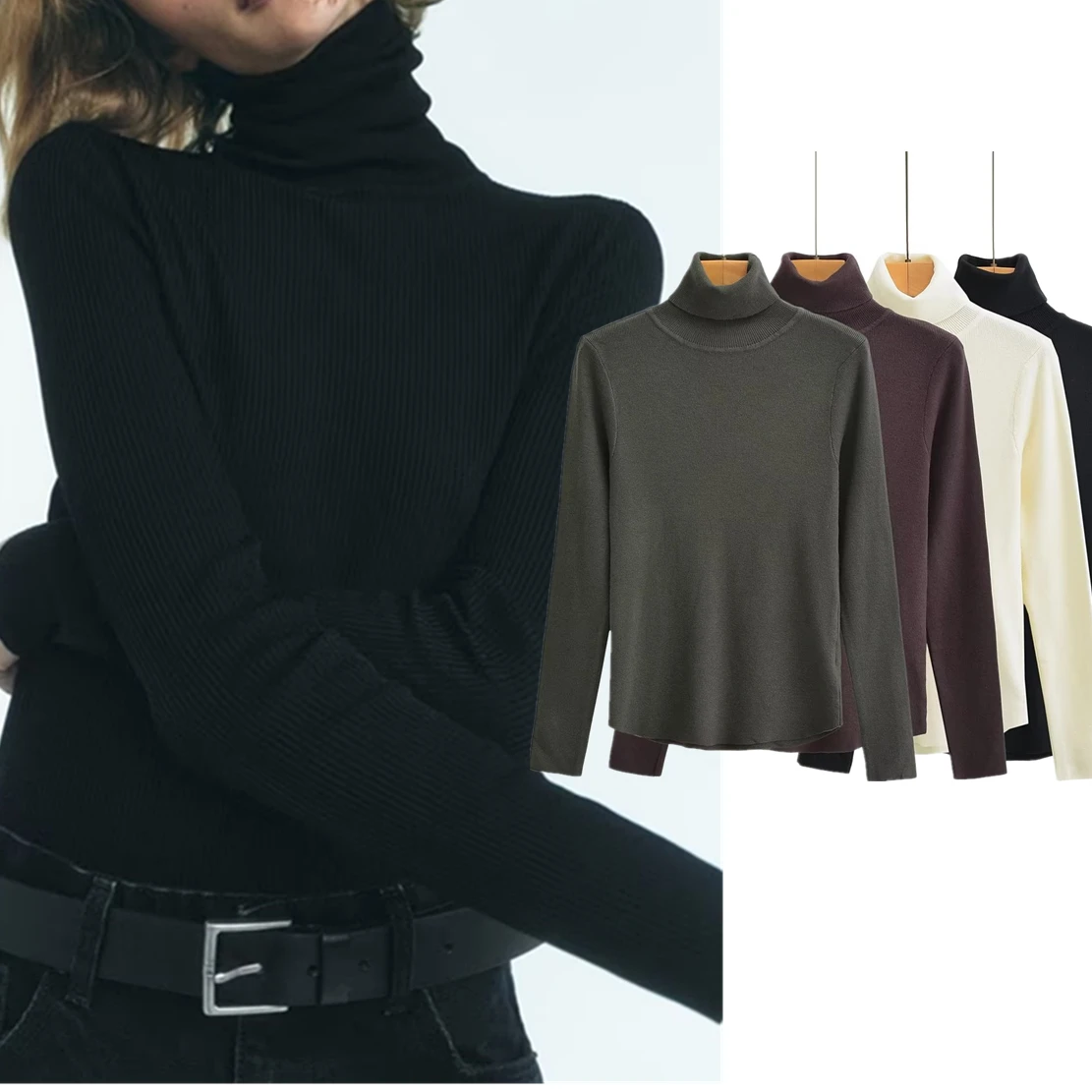 

Maxdutti England Style Sweaters Women Multicolor Solid Turtleneck Knitwear Tops