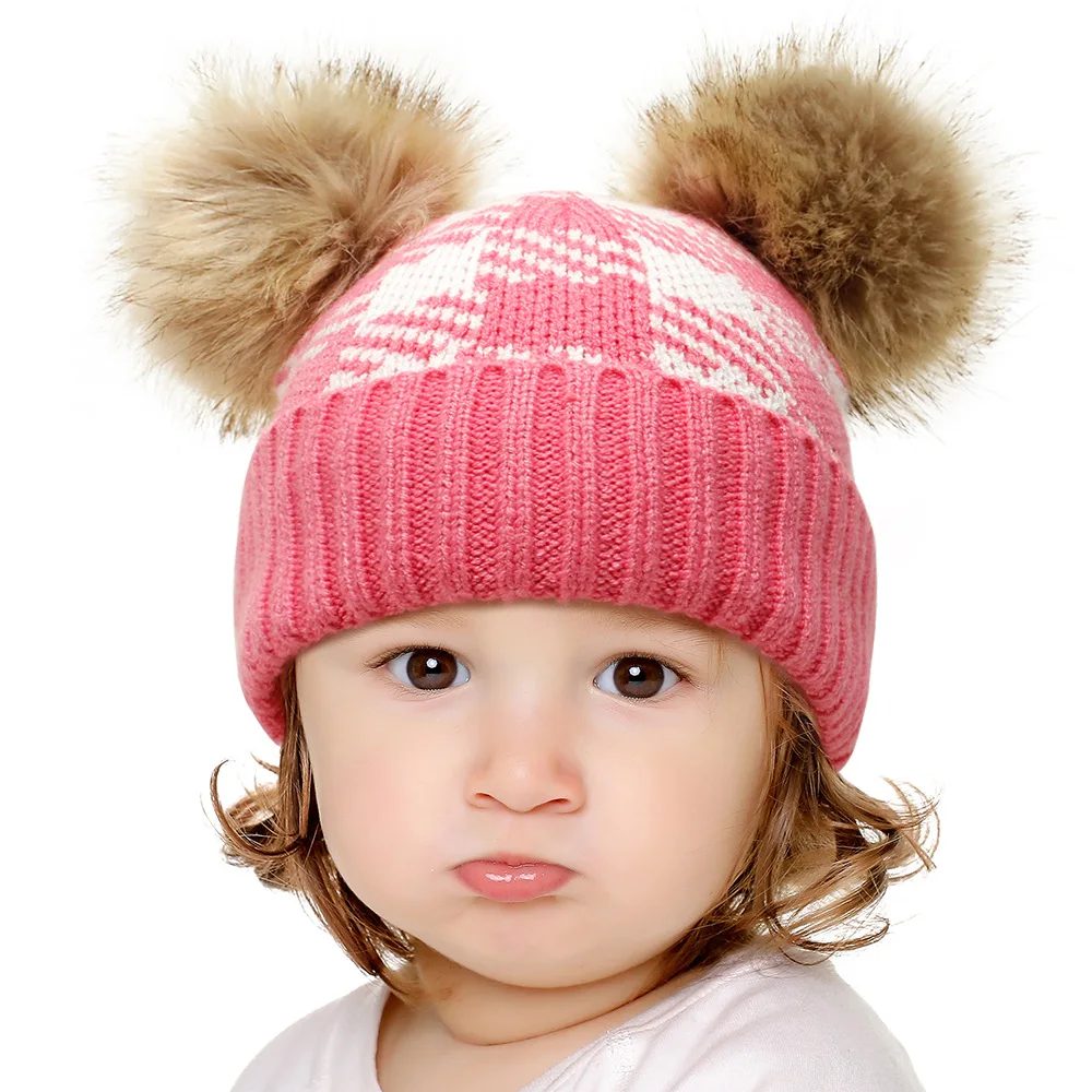 

Winter Baby Girls Knitted Lattice Double Ball Beanies Hats Children Lovely Soft Outdoor Warm Pullover Hat 0-2 Years Old Caps