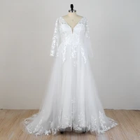 v neck bridal gowns lace applique white full sleeve robe de mari%c3%a9e 2022 new summer wedding dresses royal women marriage robes