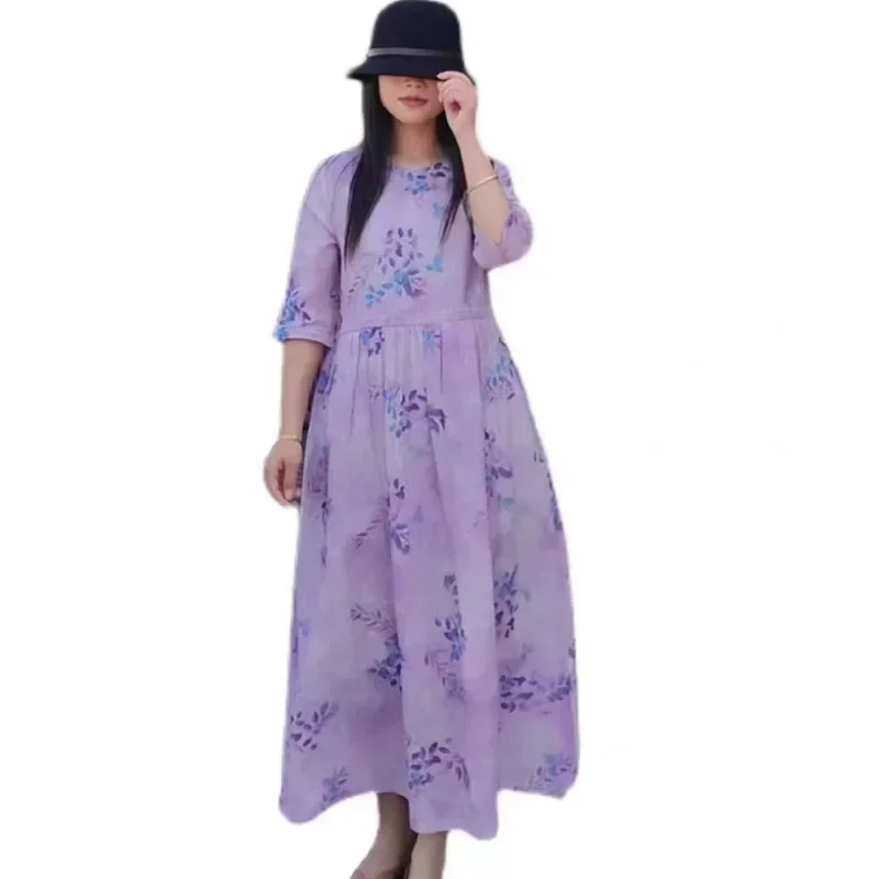 Женское дышащее платье из натуральной ткани рами длинное летнее с цифровым