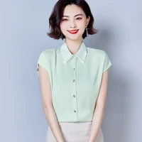 2022 summer season new design green color women clothing polo neck button up shirt for office lady korean fashion chiffon blouse