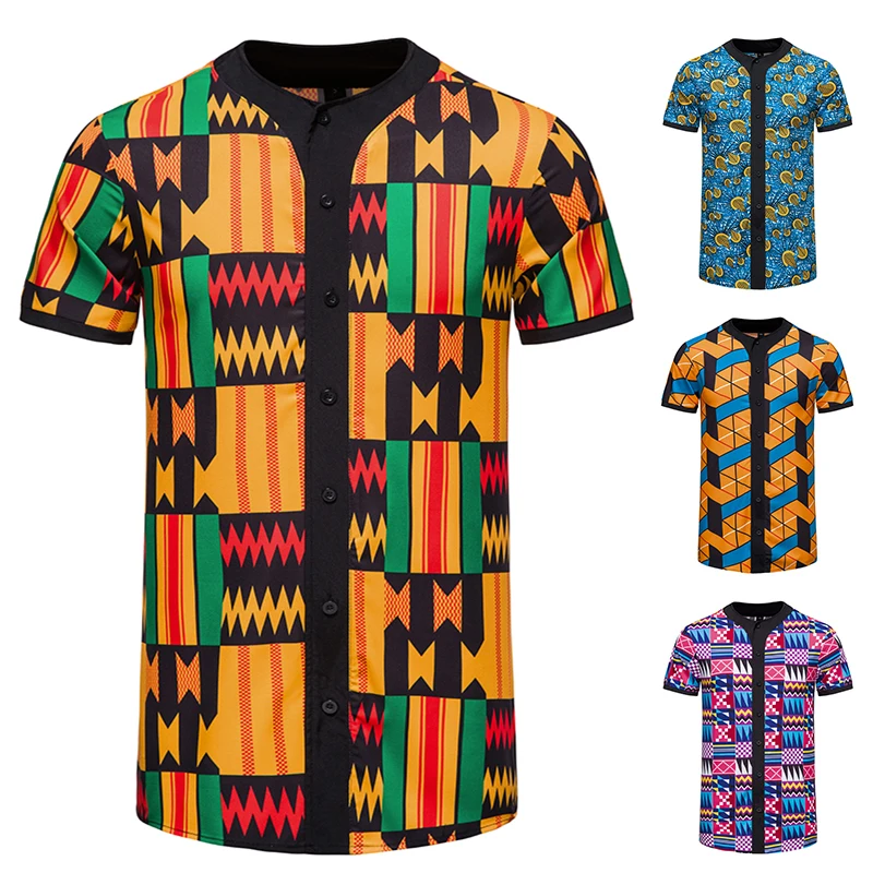 

2022 New Summer Men's Printed Short Sleeve Shirts African Style Print Button Fashion Casual Stand Neck Shirt Men Plus Size