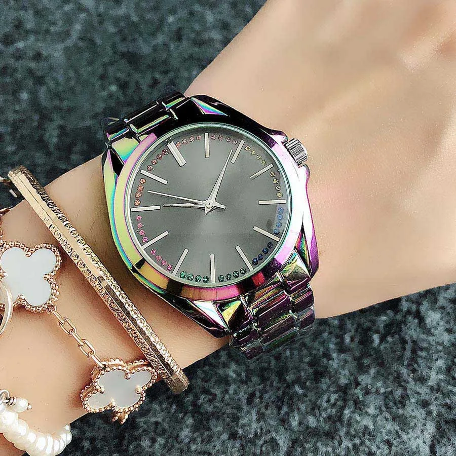 Brand Wrist Watches Women Girl Ladies Colorful Crystal Style Quartz Casual Steel Metal Band Clock m100