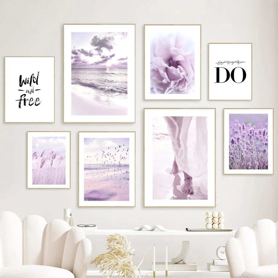 

Настенные фиолетовые художественные плакаты с пейзажем в скандинавском стиле, пляжным тростником, лавандой, цветами, принты для гостиной, К...