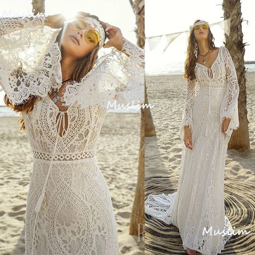 

Summer Beach Crochet Lace Wedding Dress 2022 Sexy V Neck Long Sleeve Boho Mermaid Wedding Dresses Plus Size Retro Bride Gowns