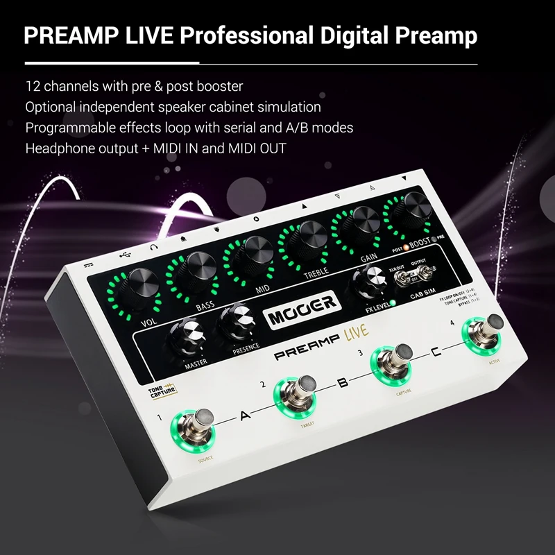 МООЕР ПРЕАМП ЛАЙВ Профессиональный цифровой предусилитель-педаль предусилителя 12 каналов Pre Post Booster с MIDI IN/OUT XLR Output on.