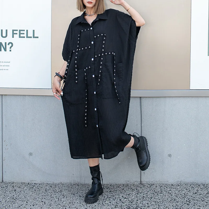 

American Streetwear Gothic Punk Spliced Ribbon Loose Black Dress for Women 2023 Summer Bat Short Sleeve Long Shirt Dresses 8816