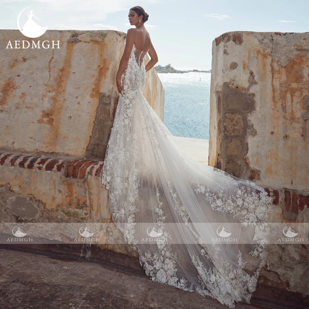 Фото Aedmgh Русалка Винтажные свадебные платья Милая съемная с длинным рукавом Vestido De Novia Аппликации Шикарное свадебное платье на заказ №2