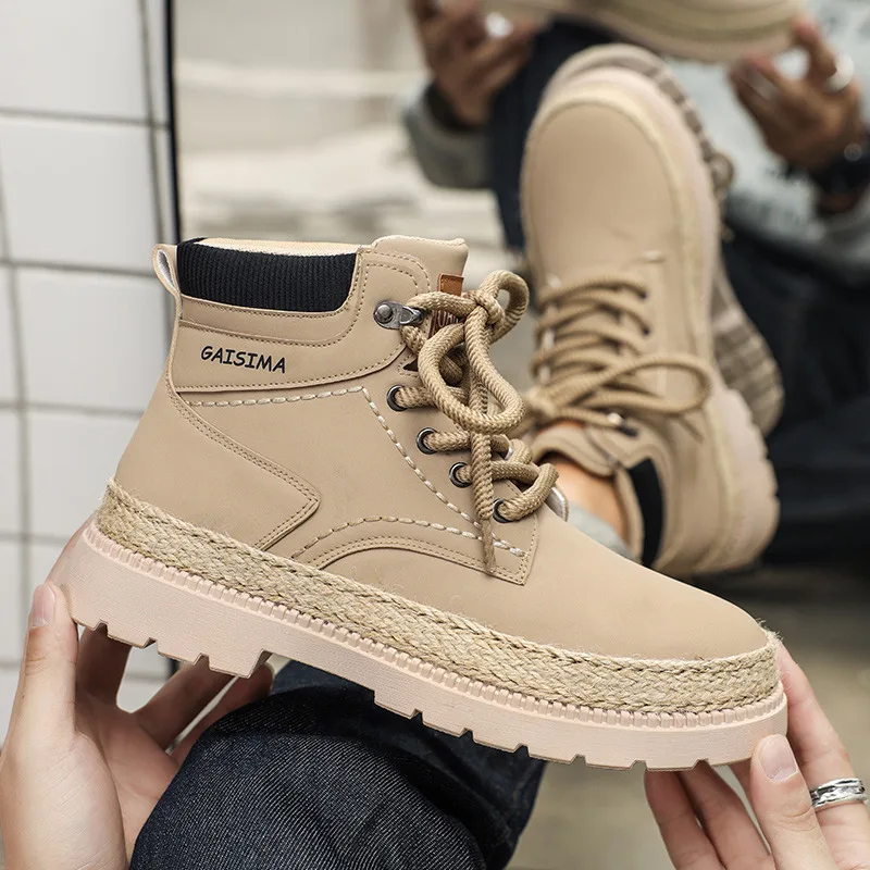 Осенне-зимние модные зеленые мужские рабочие ботинки удобные на платформе