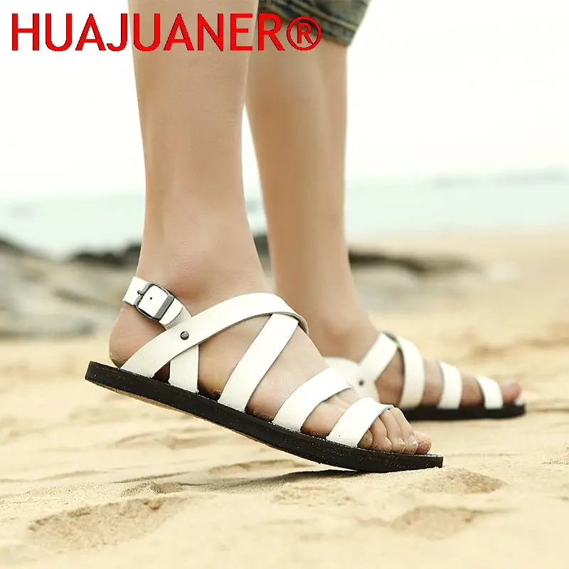 Сандалии мужские из натуральной кожи плоская подошва открытый носок Римский