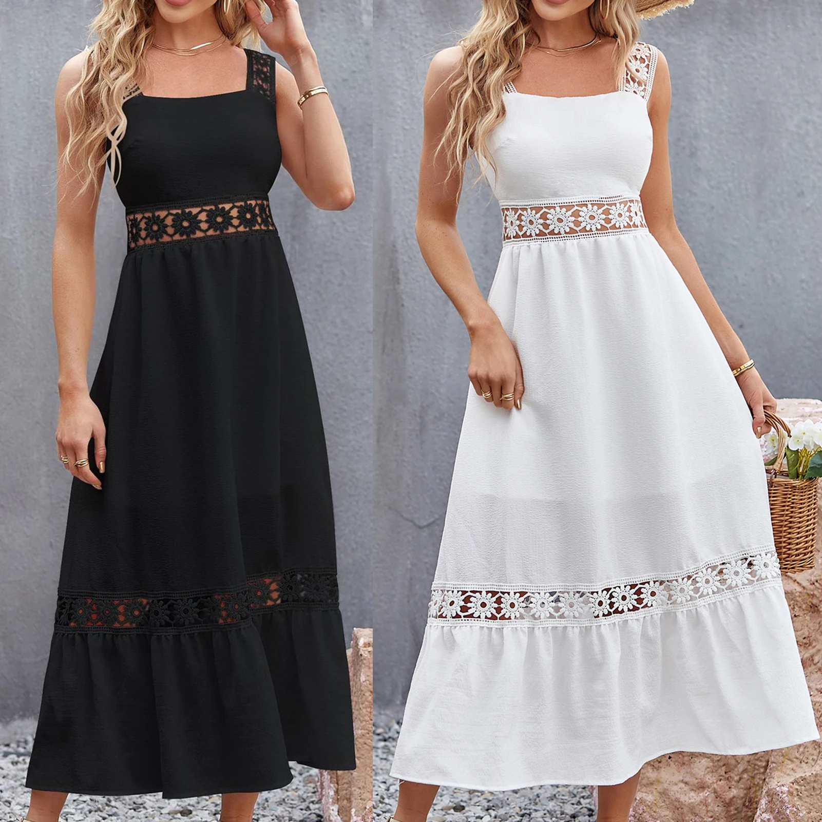 

Summer Maxi Dresses Solid Color Sexy Tunic Dress Elegant Sleeveless Lace Dresses Slim Vintage Boho Dress Clubwear Vestidos