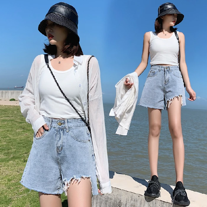 Plus Size 5XL Lady New Solid Color Hole Sexy Blue Jeans 2021 Summer New Women Casual High Waist Irregular All-Match Denim Shorts
