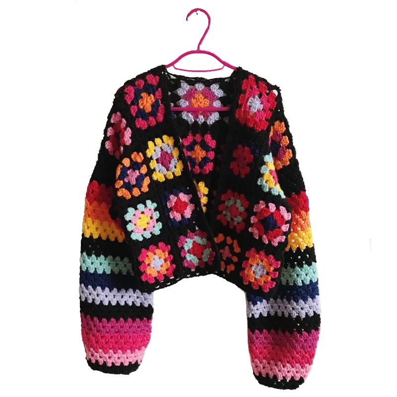 Crochet Đầy Màu Sắc Cardigan Dễ Thương Cầu Vồng Áo Len Trắng Granny Quảng Trường Chiếc Áo Len Màu Chắp Vá Chặn Crochet Quần Áo Phụ Nữ