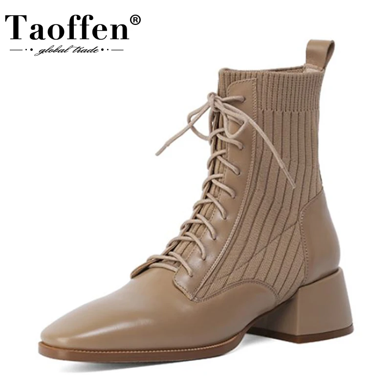 

Taoffen New Women Knee Boots Real Leather Thick Bottom Fashion Warm Winter Woman Shoes Party Club Long Boot Footwear Size 34-40