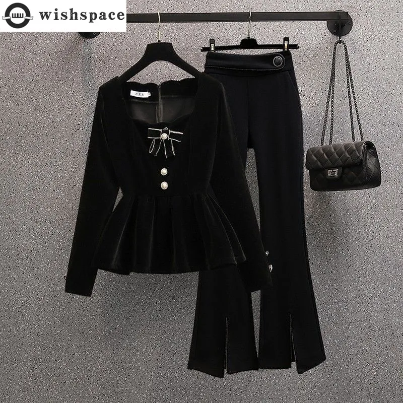 

2022 Spring New French Elegant Women's Pants Set Fashion Velvet Coat Trousers Two-piece Set Female Casual Wear Tracksuit Blazer
