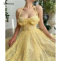 sumnus stunning halter yellow tea length prom dresses tulle robe de soiree de mariage a line formal evening party dress 2022