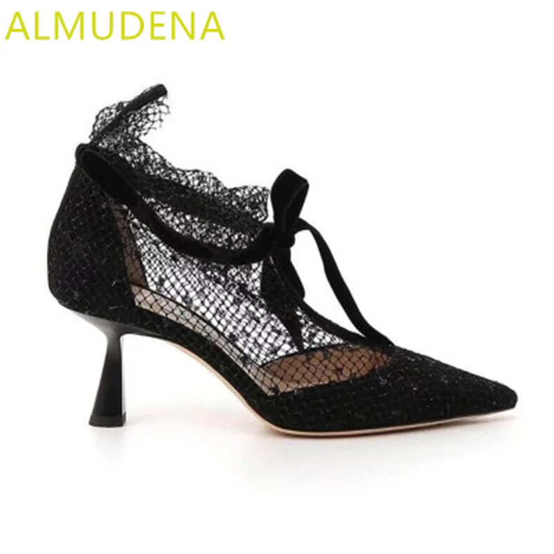 

Spring Women Sexy Pointed Toe Pumps Mesh Cross Tied Lace Up Bow Mature Leisure Dress Shoe Ankle Strap High Hoof Heels Solid Shoe