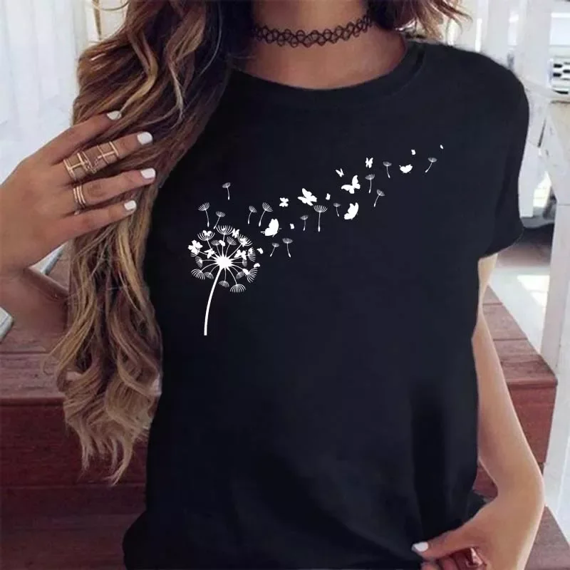 

2022NEW Women Graphic Cartoon Dandelion Print T Shirt Short Sleeve Ladies Print Clothes Lady Tees Tops Female Womens T Shirt