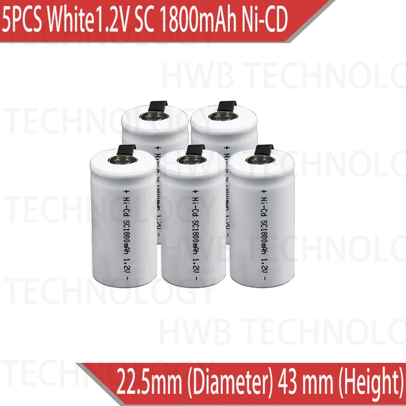 5 шт./лот Sub C SC 1 2 V 1800mAh Ni-Cd Ni Cd аккумуляторные батареи белого цвета Бесплатная