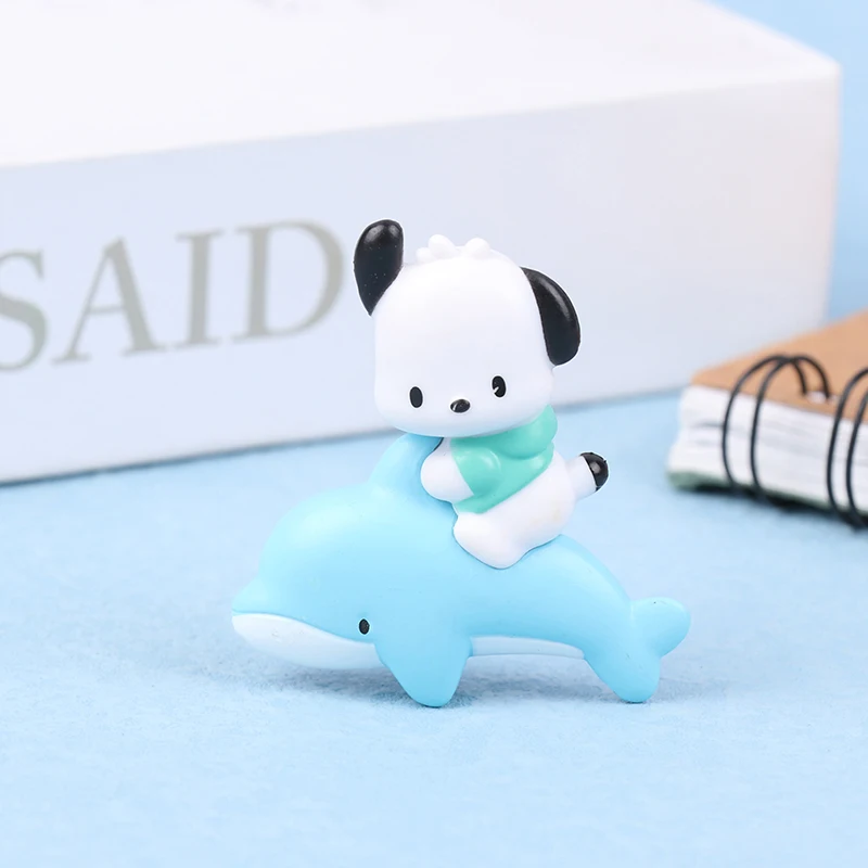 

5cm Anime Sanrio Action Figure Pochacco Ride Dolphin Kawaii Doll PVC Collectible Model Toy Kids Birthday Gifts Desktop Ornaments