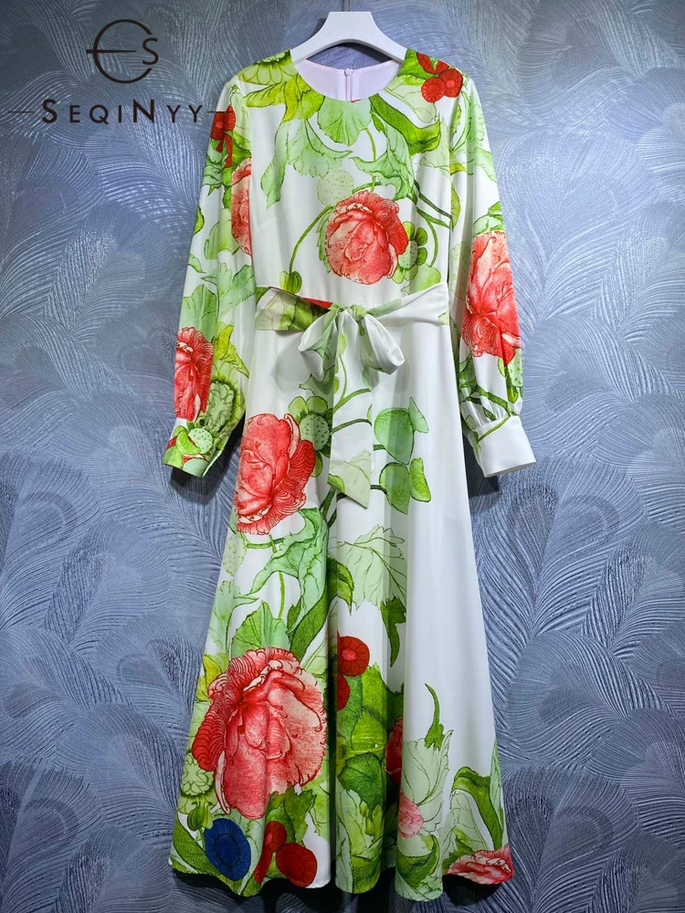 SEQINYY High Street Dress Summer Spring New Fashion Design Women Runway Vintage Flower Print A-Line Casual Belt Midi