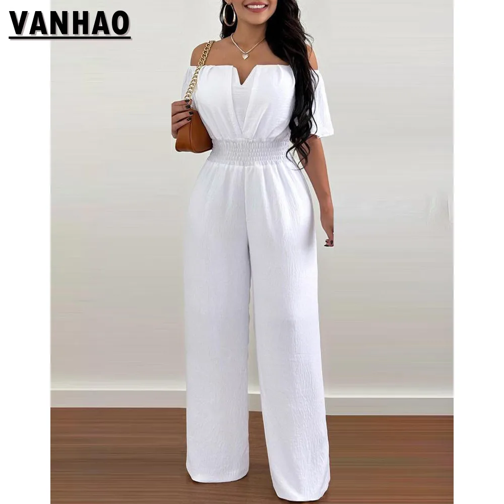 

VANHAO сексуальный комбинезон с открытыми плечами для женщин однотонные свободные прямые брюки комбинезоны для отпуска Цельный Наряд оптовая продажа Прямая поставка