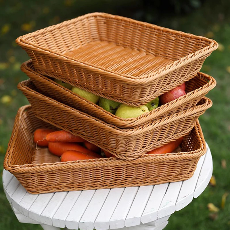 

Square Rattan Fruit Basket Handmade Make Multifunctional Rectangle Food Fruit Vegetable Storage Basket Household Organizer