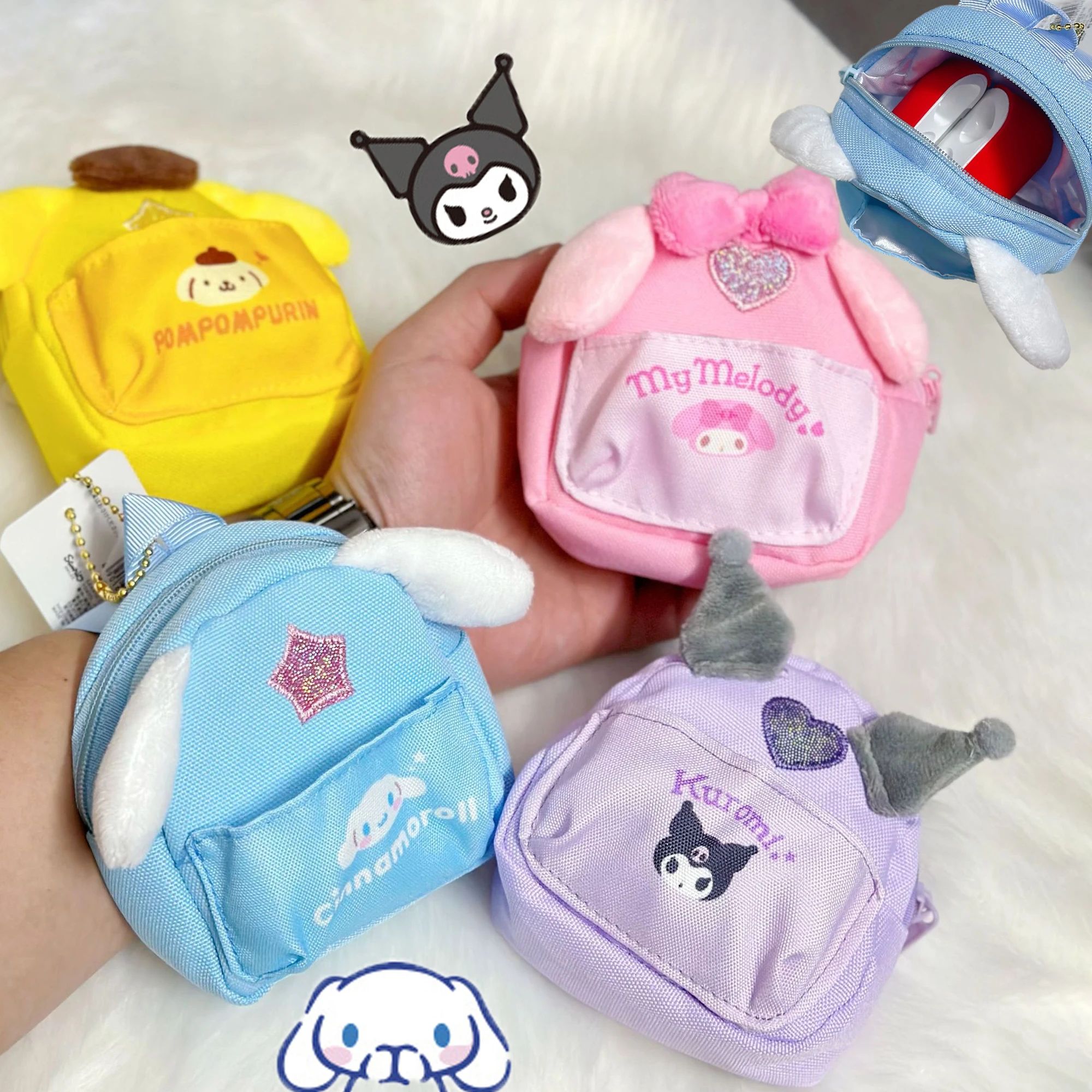 

Sanrios Cinnamoroll Kuromi Mymelody kawaii, мультяшная сумка на запястье, кошелек для монет на молнии, мини-рюкзак, кошелек, сумка для бега