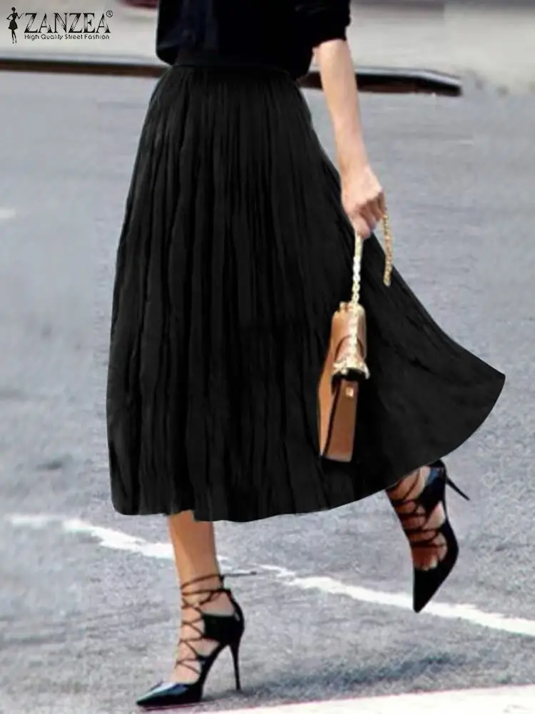 

Elegant Women Casual Solid Faldas Saias Jupe ZANZEA Oversized Elastic Waist Bottoms Midi Skirts 2020 Summer Pleated Party Skirts