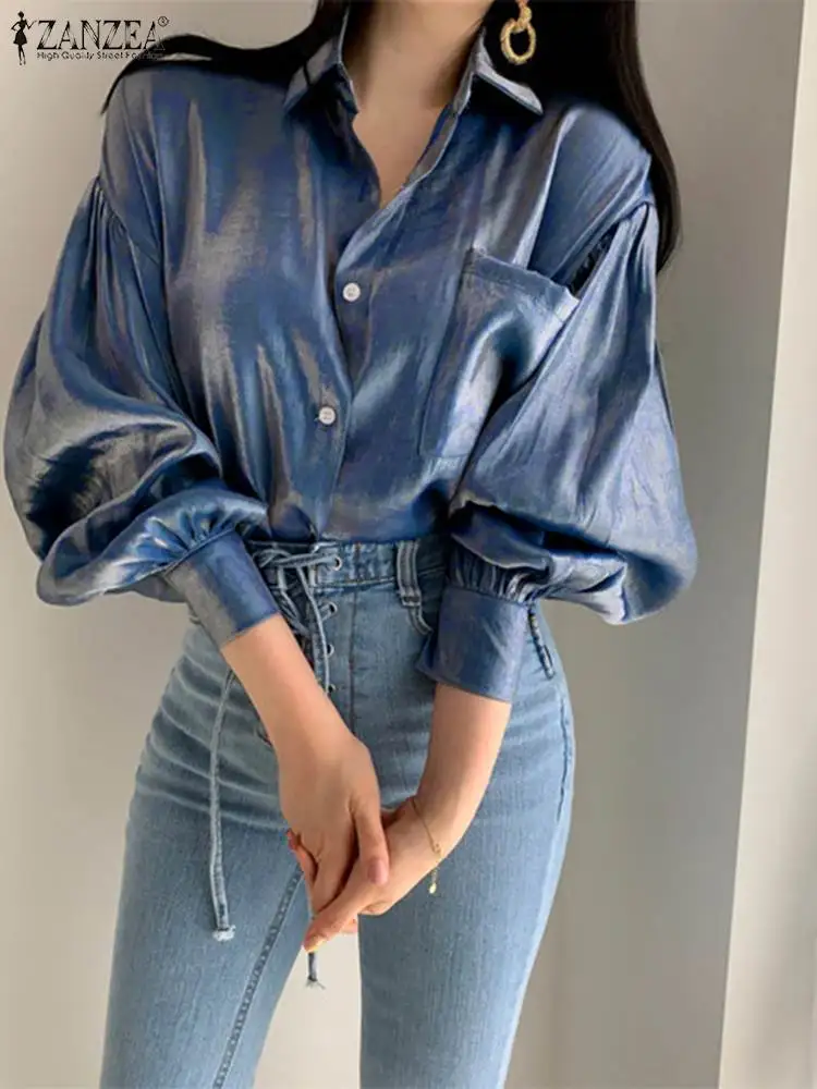 

Women Blouses Shirts Casual Solid Puff Sleeve Female Lapel Collar Loose Top 2022 Autumn ZANZEA OL Oversized Tunic Blusa Elegant