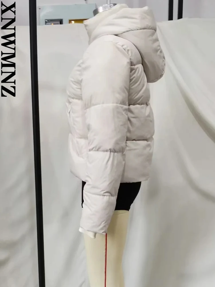 XNWMNZ Women Fashion Hooded Thick Warm Padded Parkas Coat Vintage High Neck Front Zip Female Outerwear Chic Tops